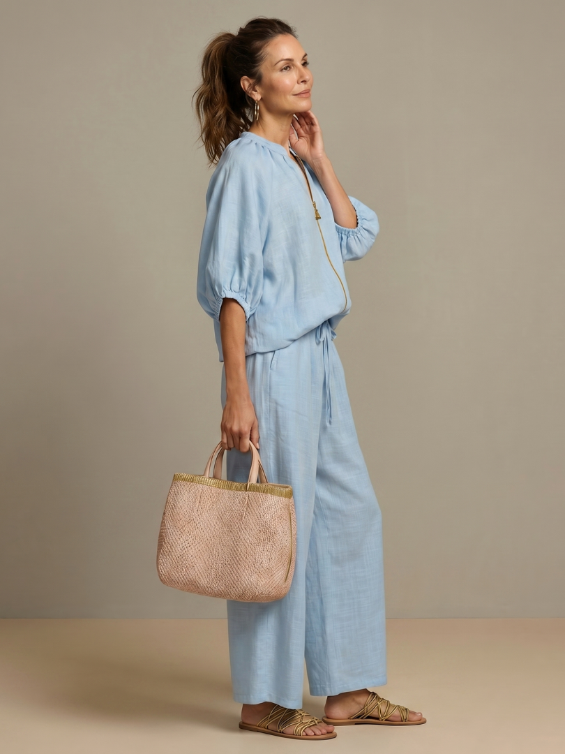 Puff Sleeve Zip Front Top and Wide Leg Pants Two Piece Set
