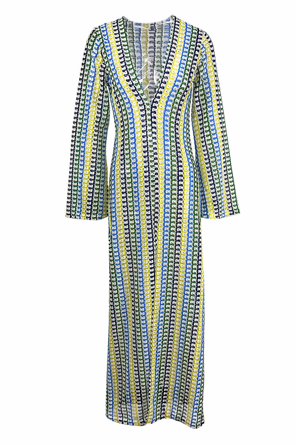 Crochet Deep V-Neck Long Sleeve Striped Boho Maxi Dress
