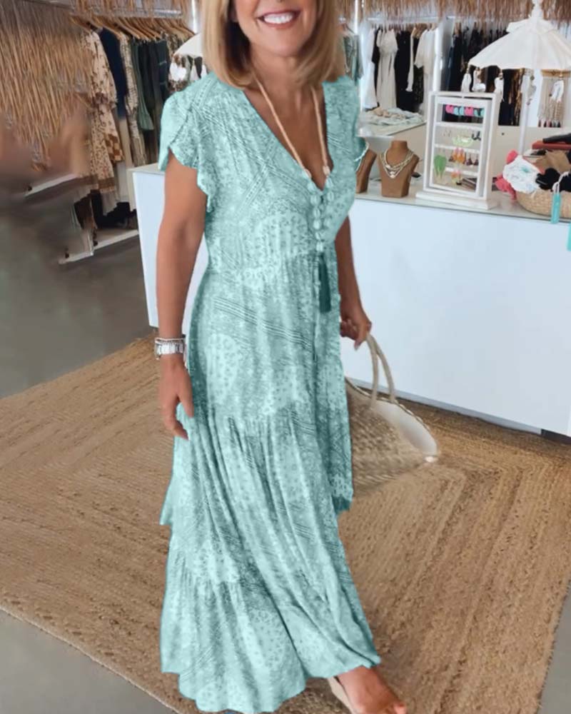 V-Neck Flutter Sleeve Buttoned Tiered Boho Maxi Dress
