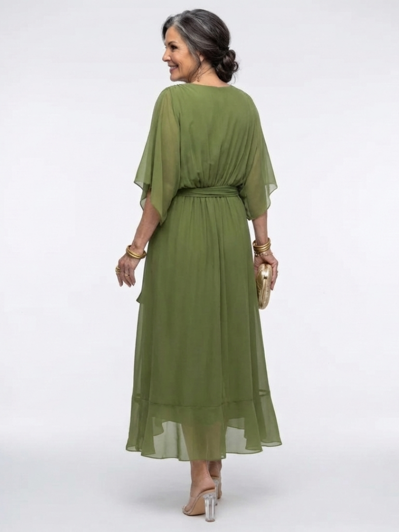V-Neck Kimono Sleeve Tie Waist High Low Midi Dress