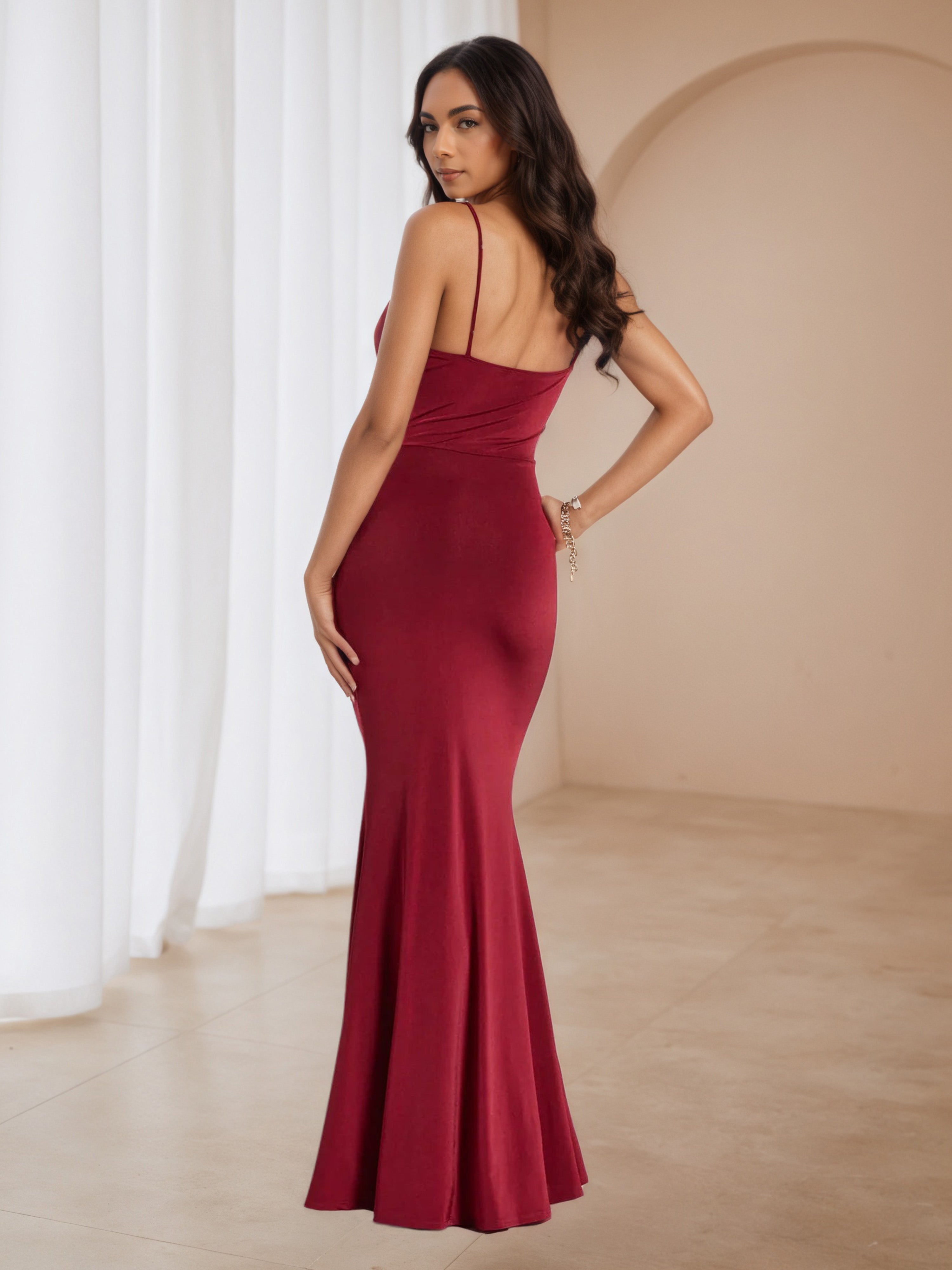 Spaghetti Straps V-Neck Burgundy Pleats Long Formal Dresses