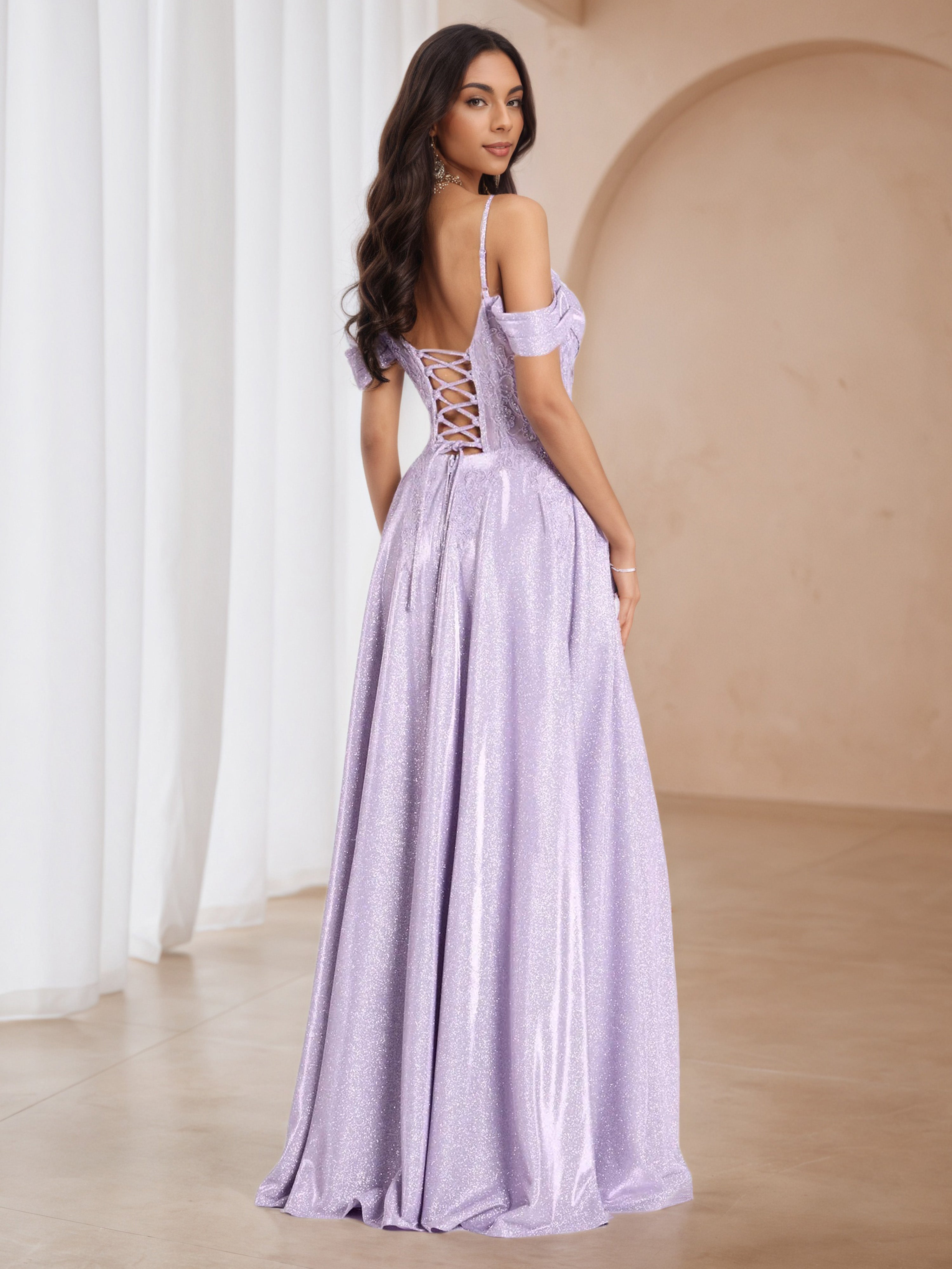 Lilac Off The Shoulder Spaghetti Straps A-line Long Formal Dresses