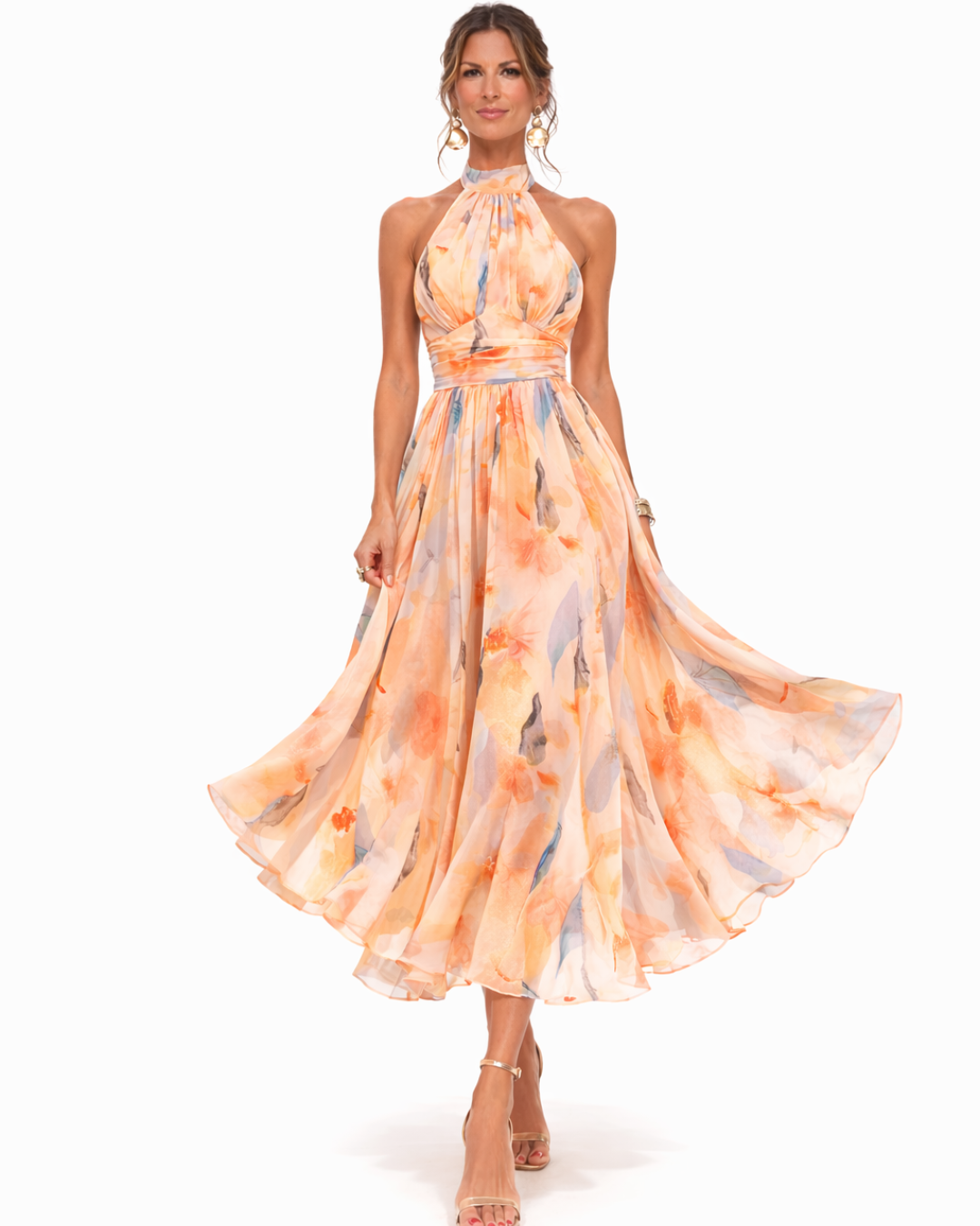 Watercolor Floral Halter Neck A-Line Midi Dress