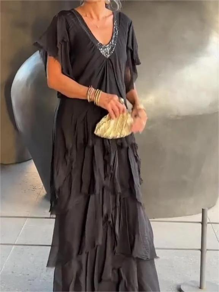 V-Neck Flutter Sleeve Tiered Ruffle Maxi Dress