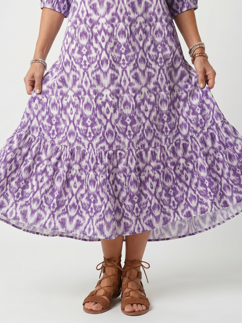 Ikat Print Tie Neck Tassel Tiered Maxi Dress