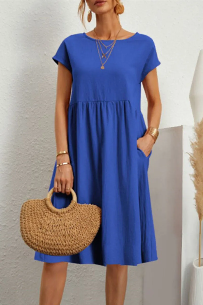 Linen Blend Print A-Line Short Sleeve Midi Dress
