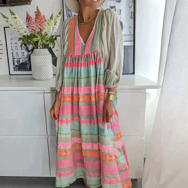 Geometric Print Deep V-Neck Balloon Sleeve Empire Waist Tiered Maxi Dress