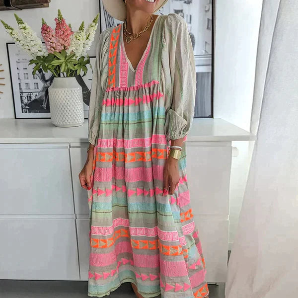 Geometric Print Deep V-Neck Balloon Sleeve Empire Waist Gathered Midi Dress