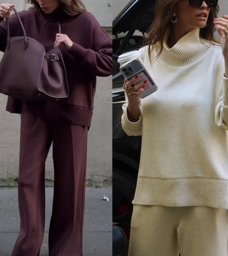 Drop Shoulder Knit Top and Wide Leg Pants Two Piece Set