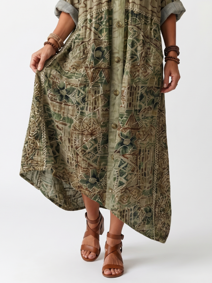 Aztec Print V-Neck Button Front Pocket Maxi Dress