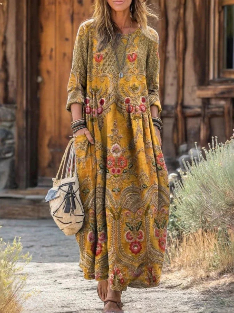 Paisley Floral Long Sleeve Round Neck Maxi Dress