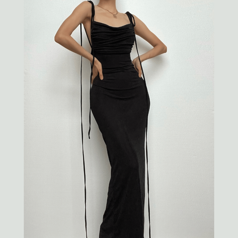 Cowl Neck Ruched Tie Shoulder Backless Bodycon Maxi Dress