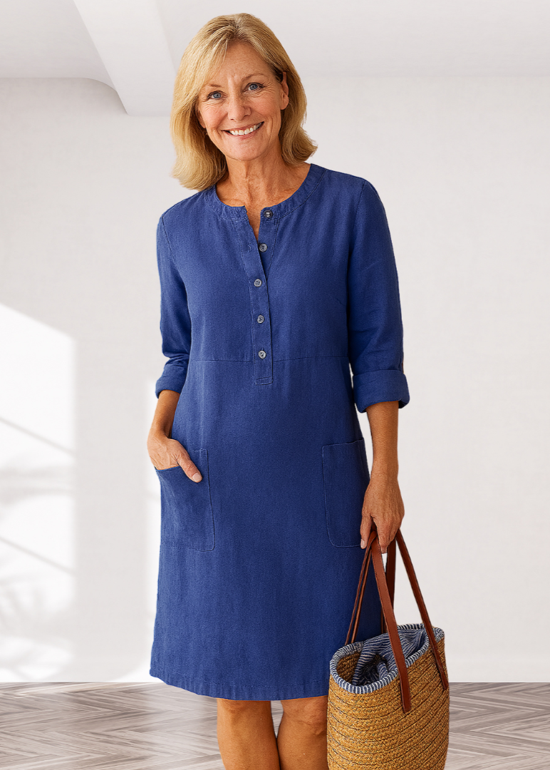 Linen Look Button Placket Long Sleeve Pocket Shift Dress