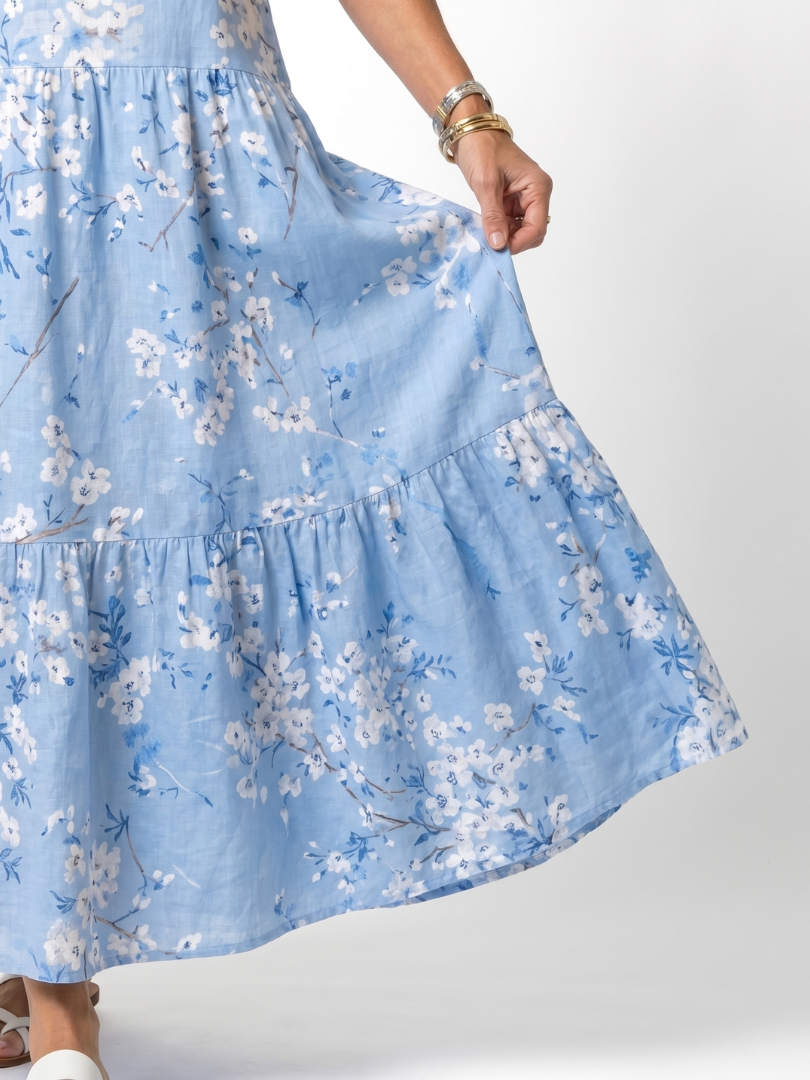 Floral Print V-Neck Puff Sleeve Tiered Maxi Dress