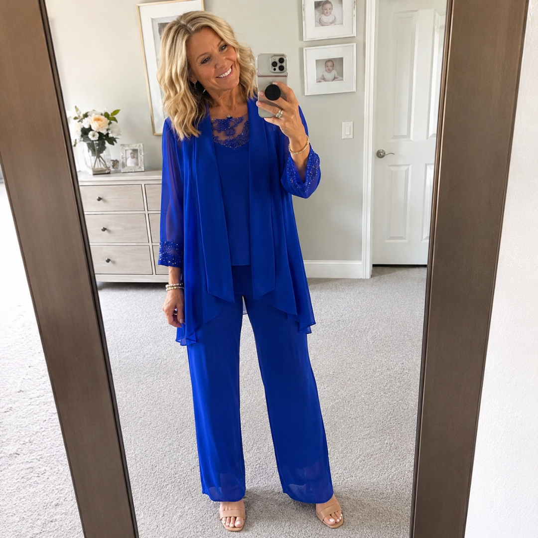 Sheer Jacket Lace Trim Top and Pants Three Piece Set
