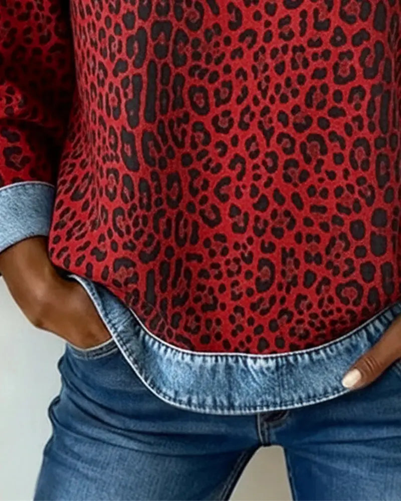 Leopard Print Denim Look Contrast Crew Neck Sweatshirt