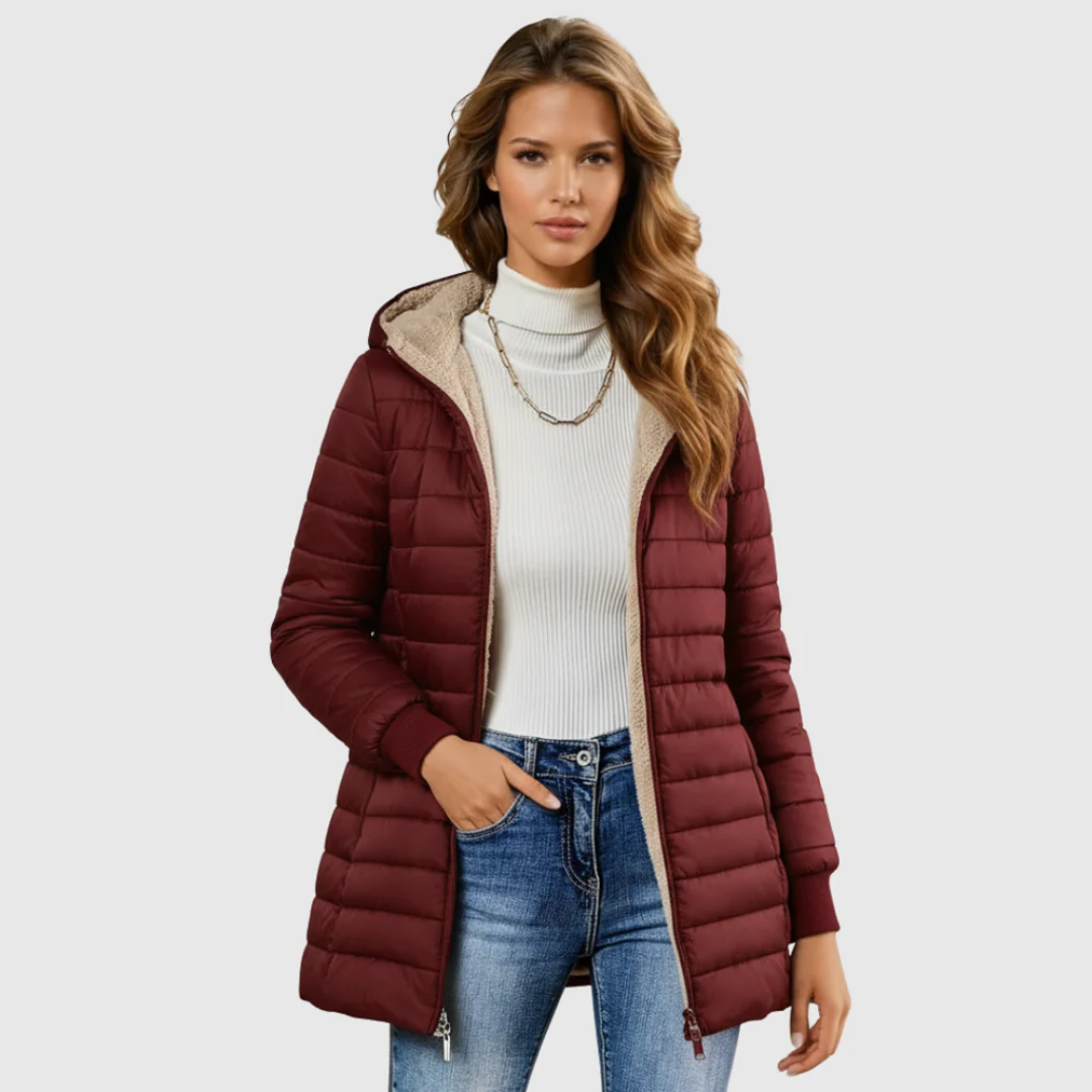 Hooded Sherpa Lined Zip Front Longline Puffer Jacket