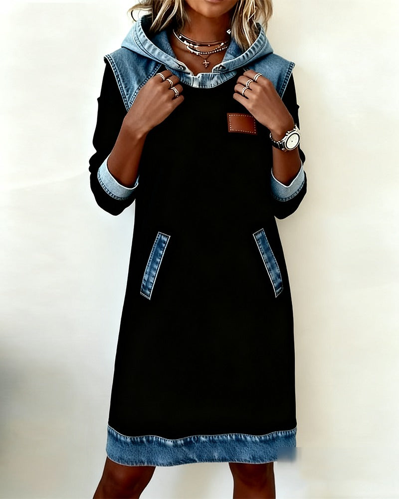 Hooded Long Sleeve Denim Patchwork Mini Dress Pocket 5