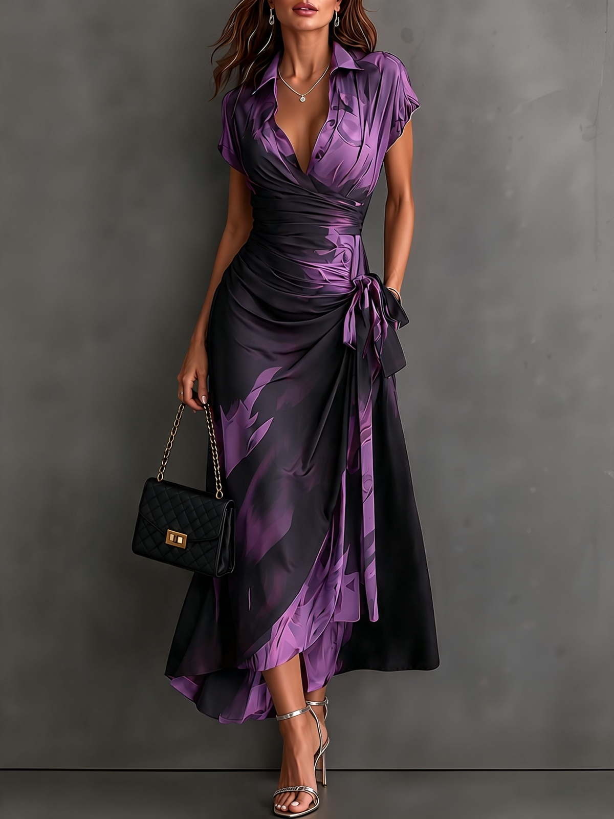 Abstract Print Collared Cap Sleeve Ruched Wrap Maxi Dress