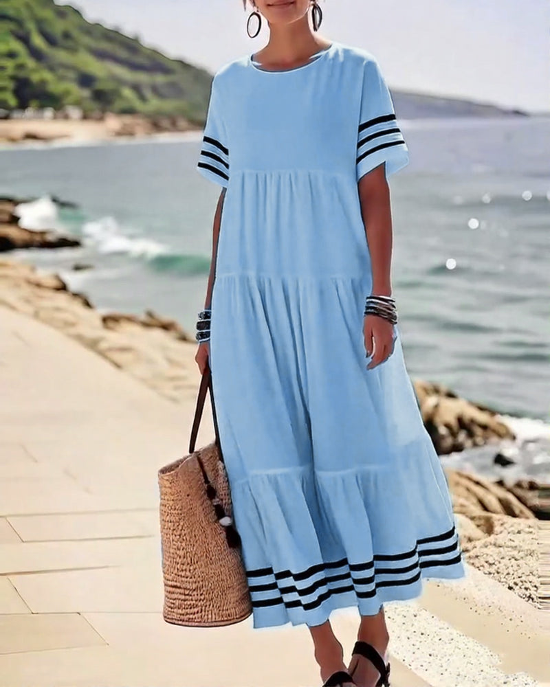 Striped Trim Short Sleeve Tiered Maxi Dress 2