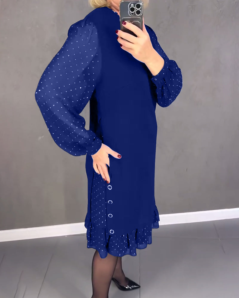 Round Neck Sheer Dot Sleeve Ruffle Hem Shift Midi Dress