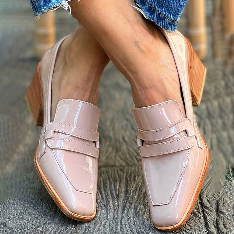 Patent Look Square Toe Block Heel Loafers