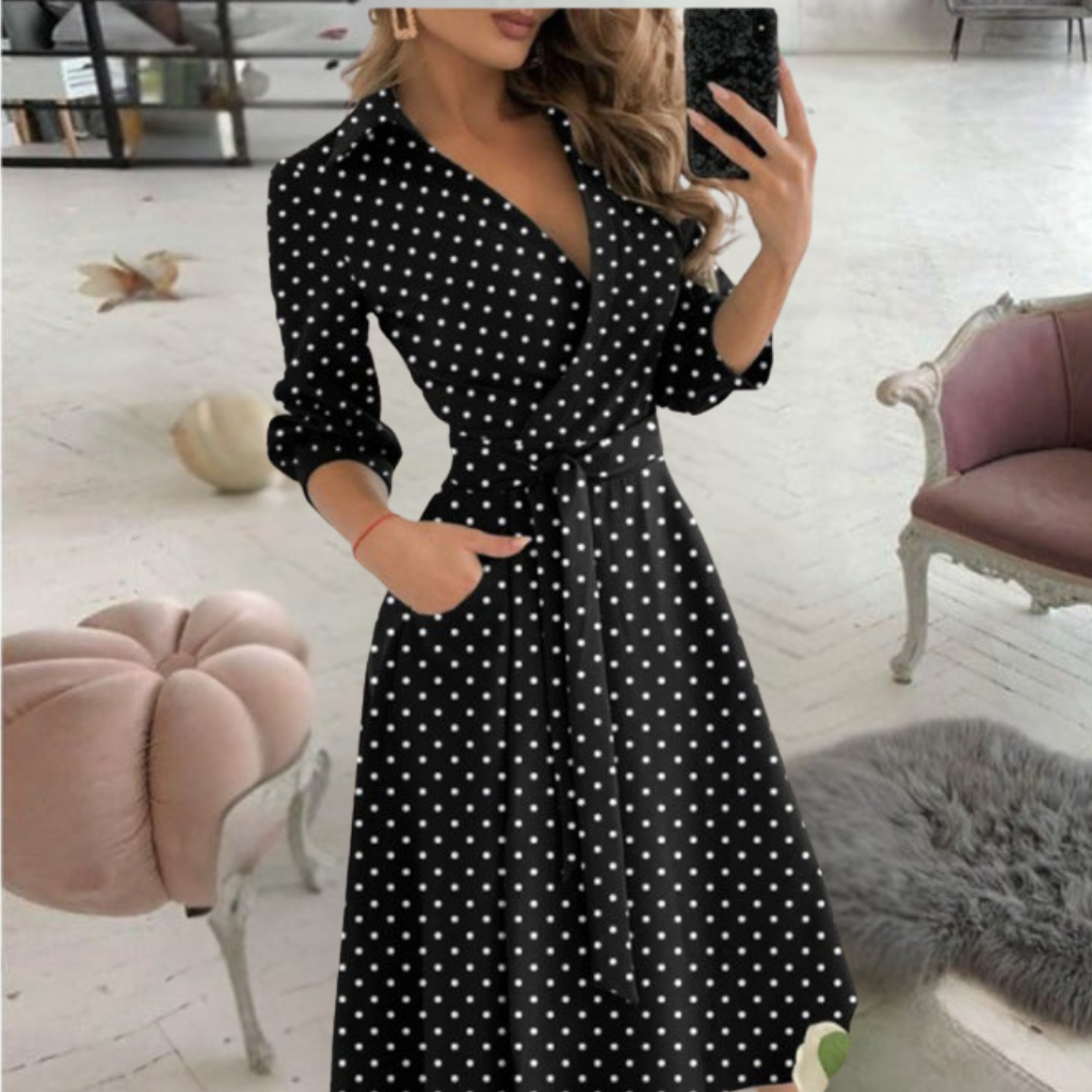 Polka Dot Deep V-Neck Long Sleeve Wrap Midi Dress 10