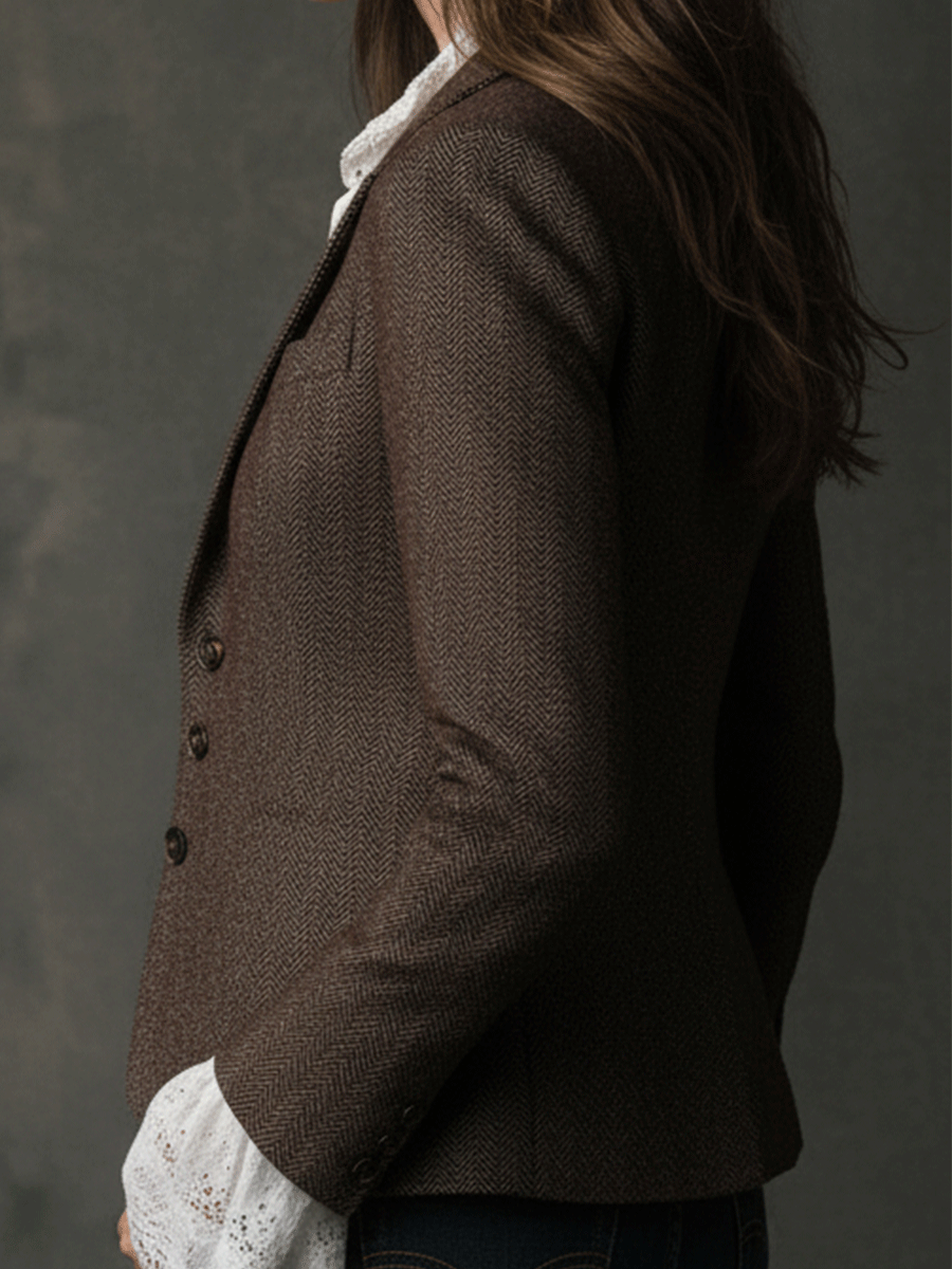 Herringbone Notch Lapel Single Breasted Tailored Blazer