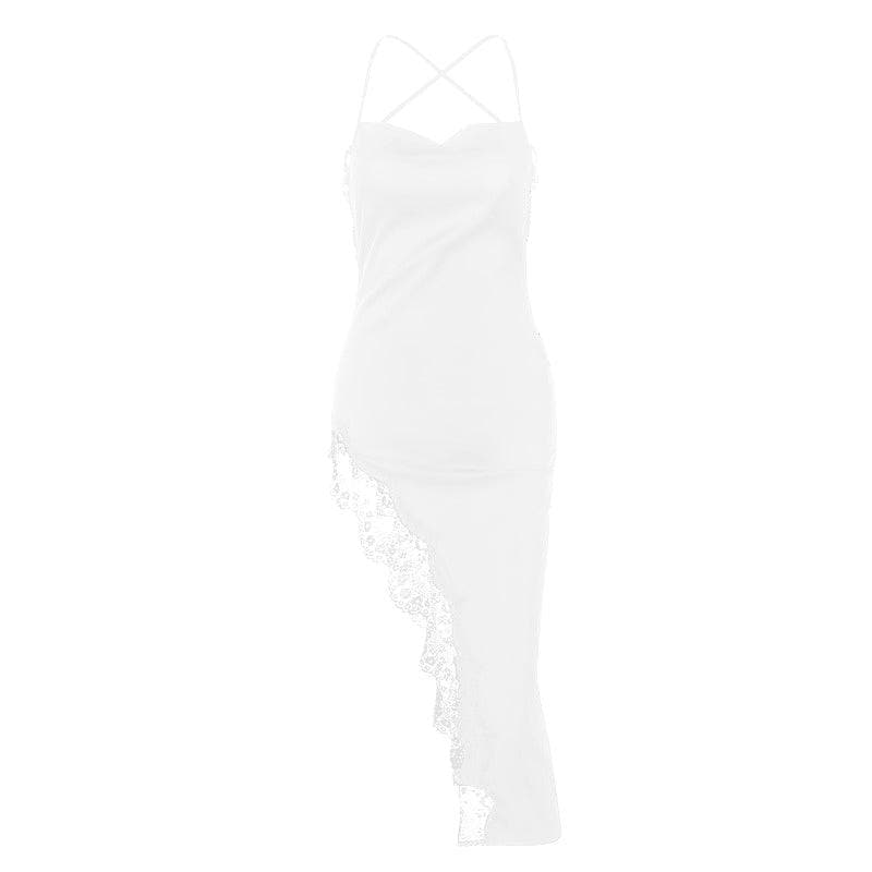 Spaghetti Strap Lace Trim Satin Slip High Split Midi Dress