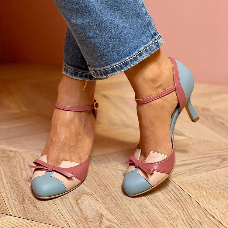 Round Toe Bow Ankle Strap Stiletto Pumps
