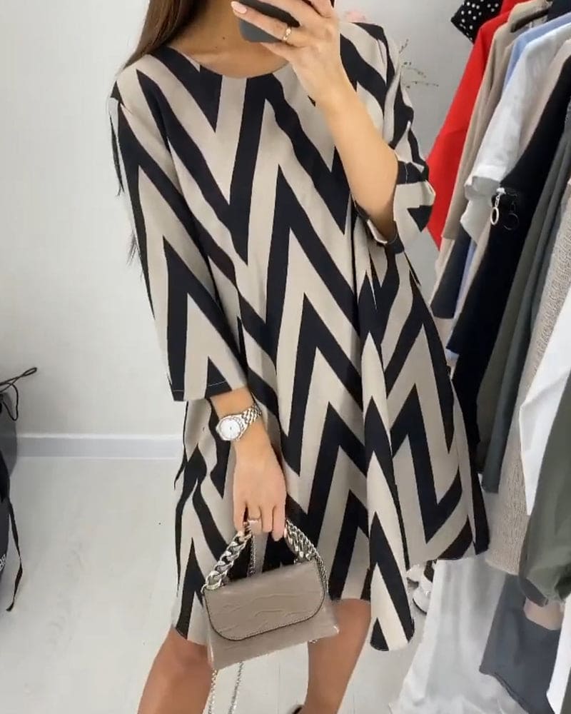 Chevron Print Crew Neck Elbow Sleeve Shift Mini Dress