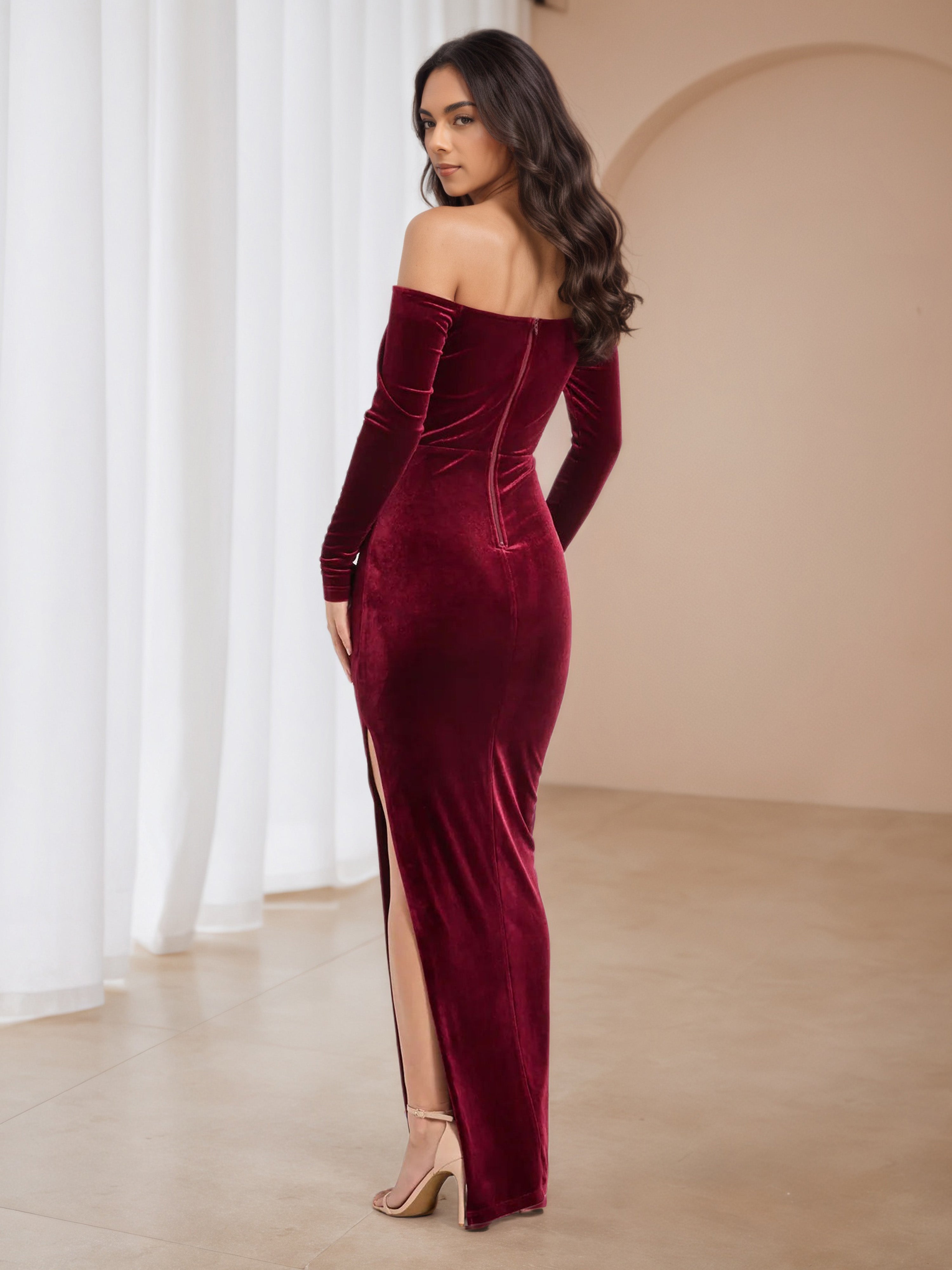 Burgundy Strapless Cut-Out Long Sleeves Floor Length Formal Dresses