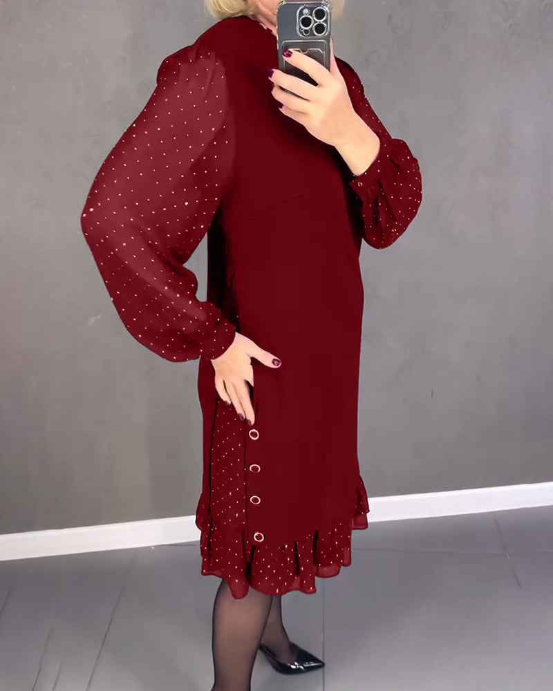 Round Neck Sheer Dot Sleeve Ruffle Hem Shift Midi Dress