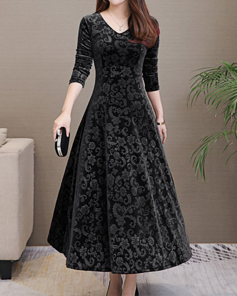 Velvet Burnout Damask V-Neck Three Quarter Sleeve A-Line Maxi Dress
