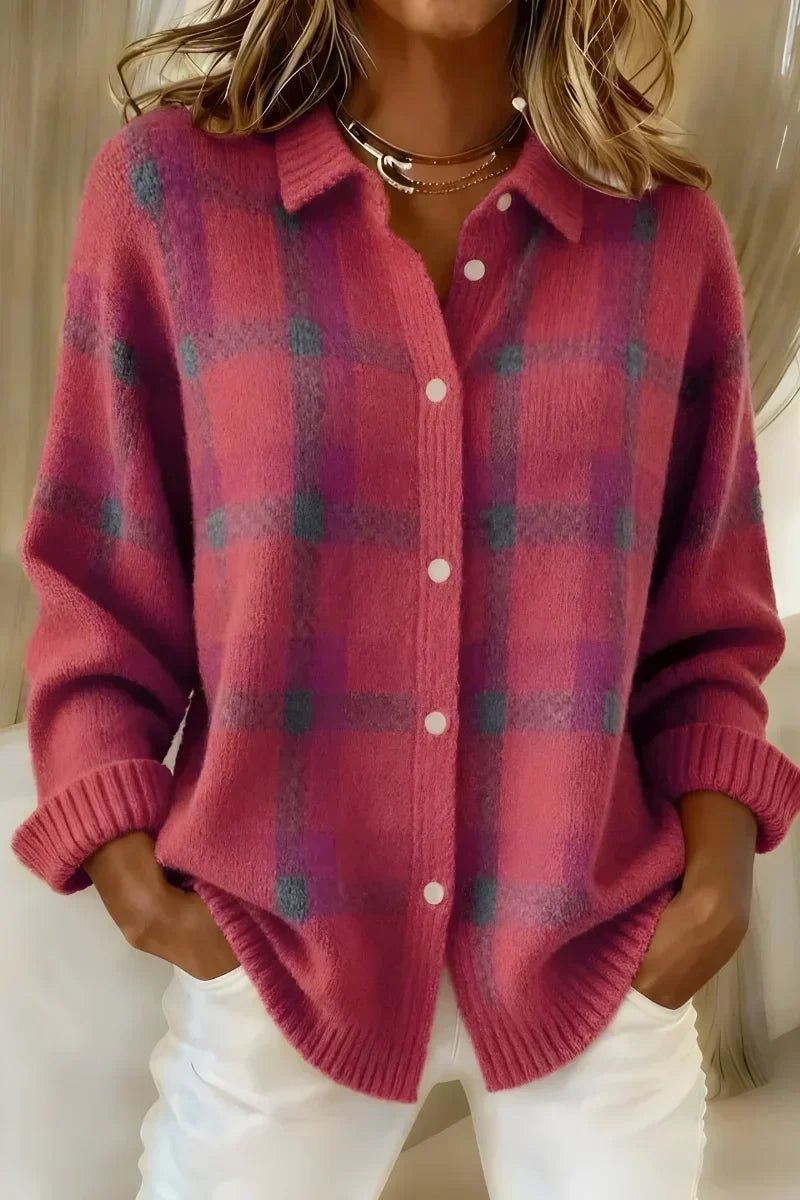 Plaid Collared Button Front Knit Cardigan