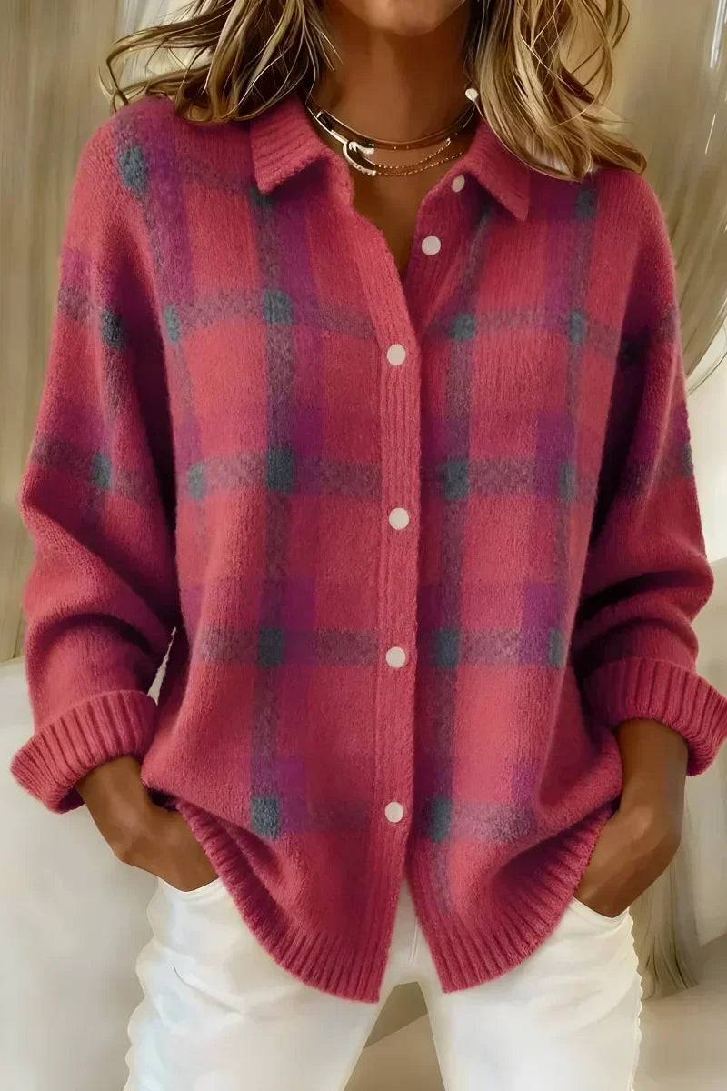 Plaid Collared Button Front Knit Cardigan