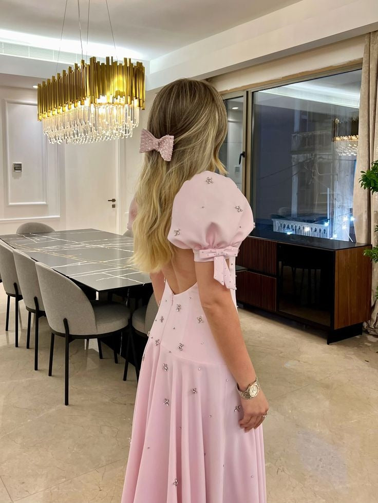 Pink Elegant Short Sleeves Prom Dress Evening Gown   fg7614