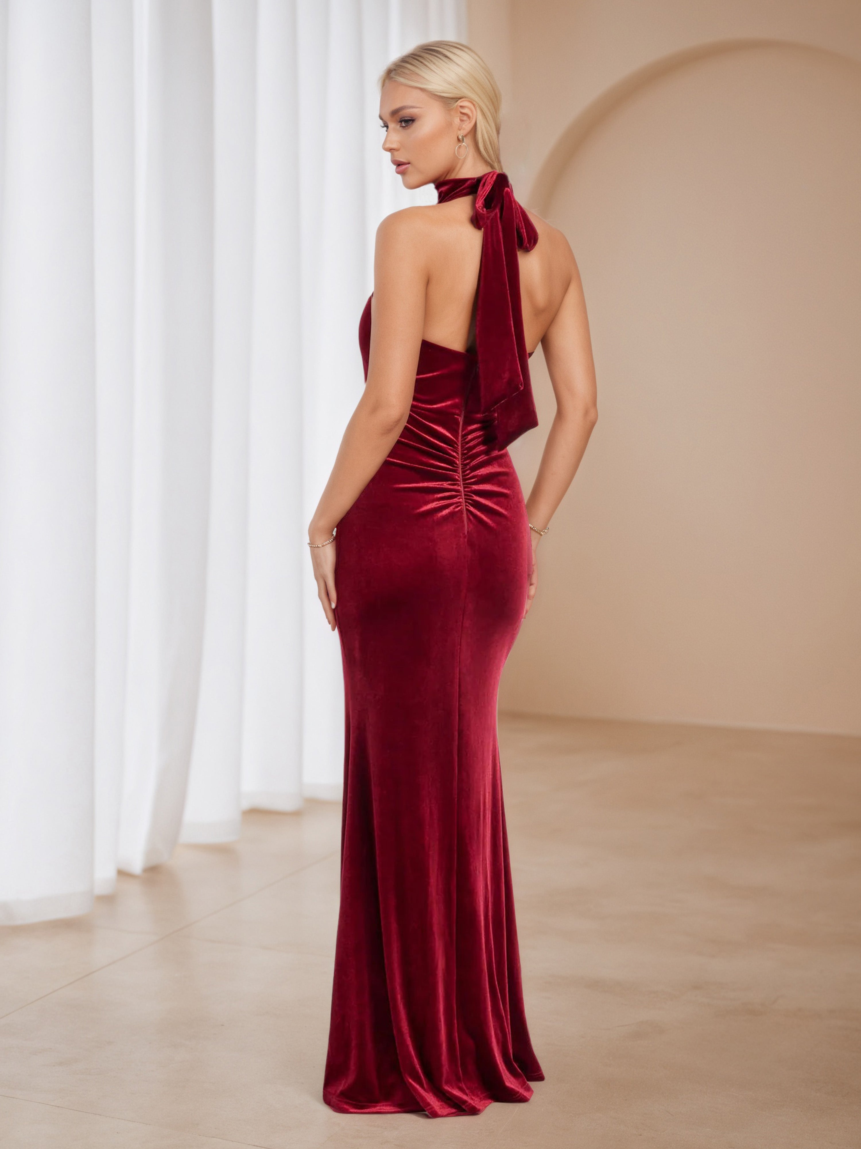 Burgundy Velvet Cold Shoulder Trumpet/Mermaid Formal Dresses