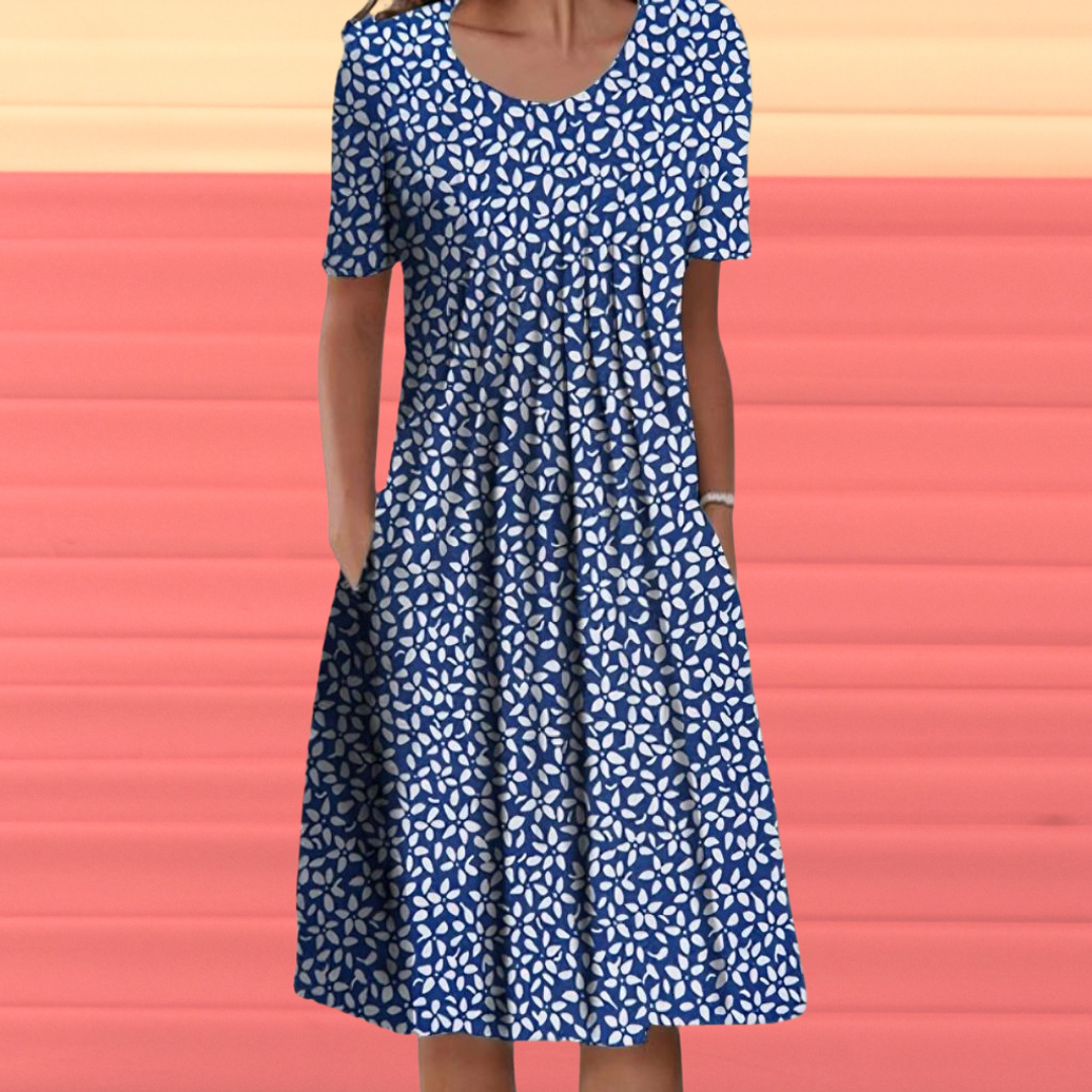 Floral Scoop Neck Short Sleeve Pleated Pocket Midi Dress