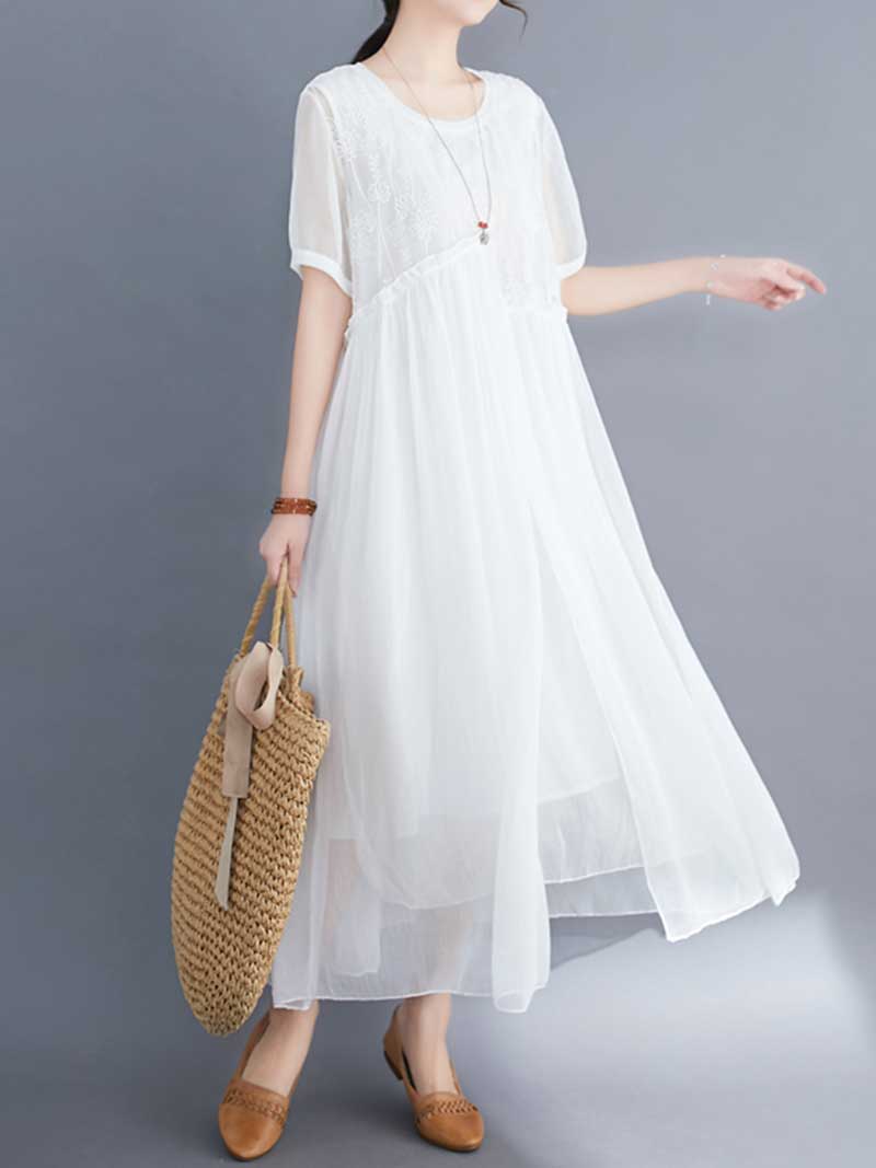 Lace Bodice Sheer Overlay Empire Waist Handkerchief Hem Midi Dress