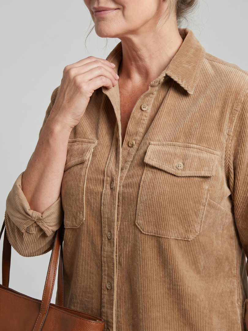 Long Sleeve Button Front Patch Pocket Corduroy Shirt Dress