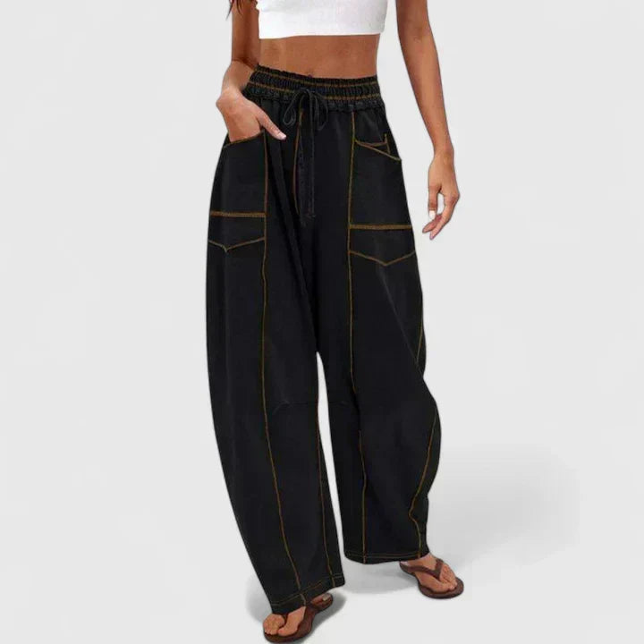 High Waist Drawstring Patch Pocket Wide Leg Pants