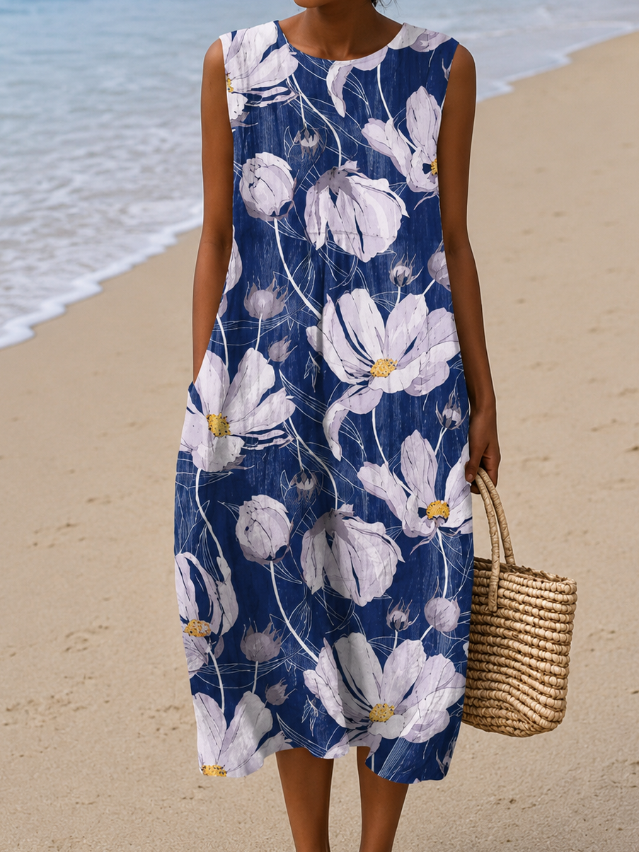 Floral Round Neck Sleeveless Pocket Beach Midi Dress
