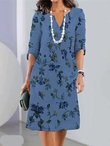 Floral Print Notch Neck Roll Tab Sleeve Shift Dress