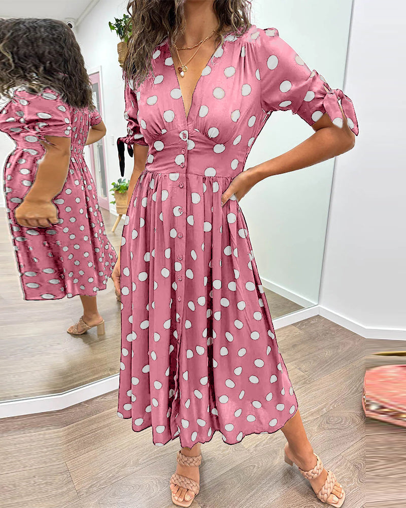 Polka Dot Deep V-Neck Button Front Puff Sleeve Tie Cuff Midi Dress