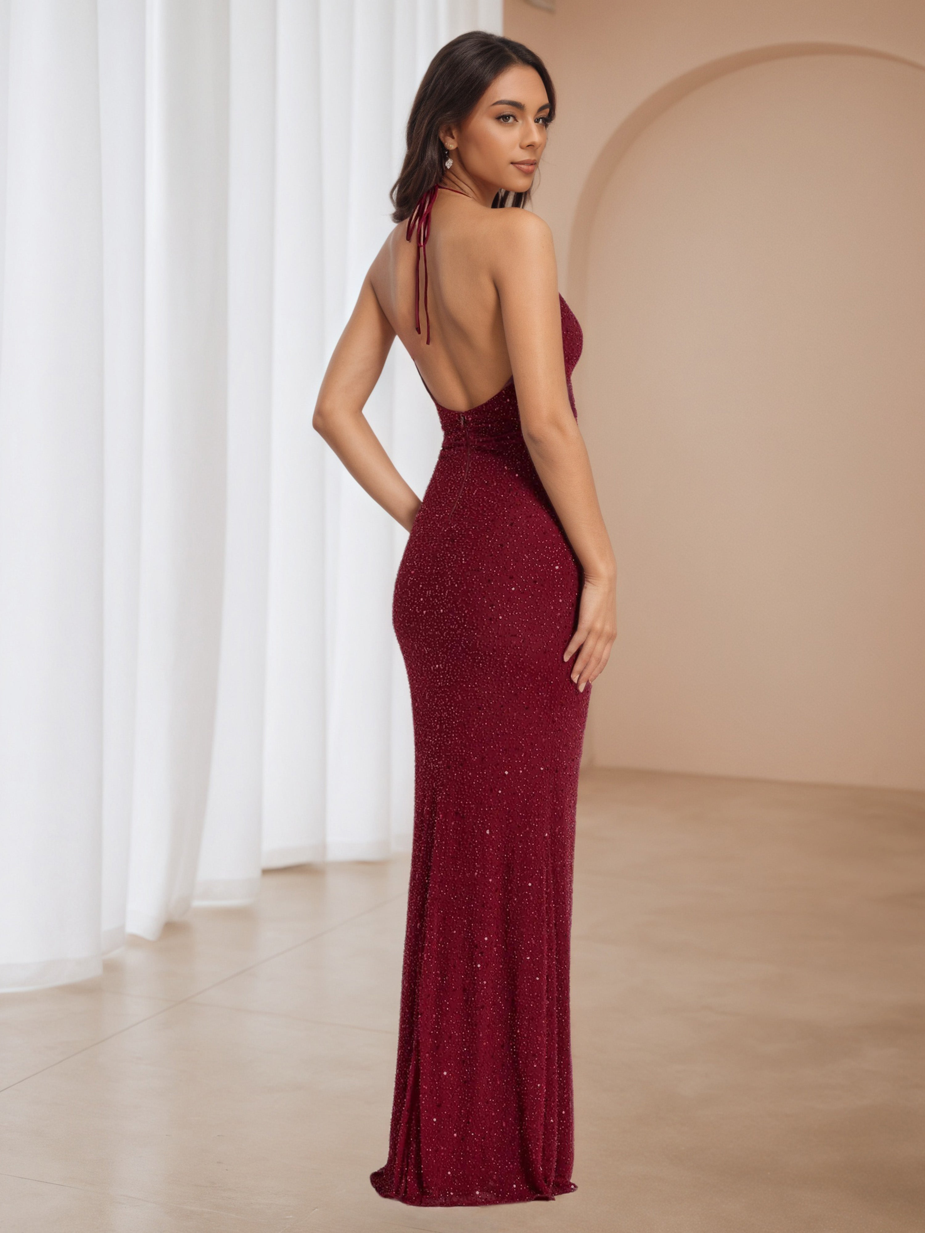 Elegant Halter Burgundy Glitter Long Formal Dresses
