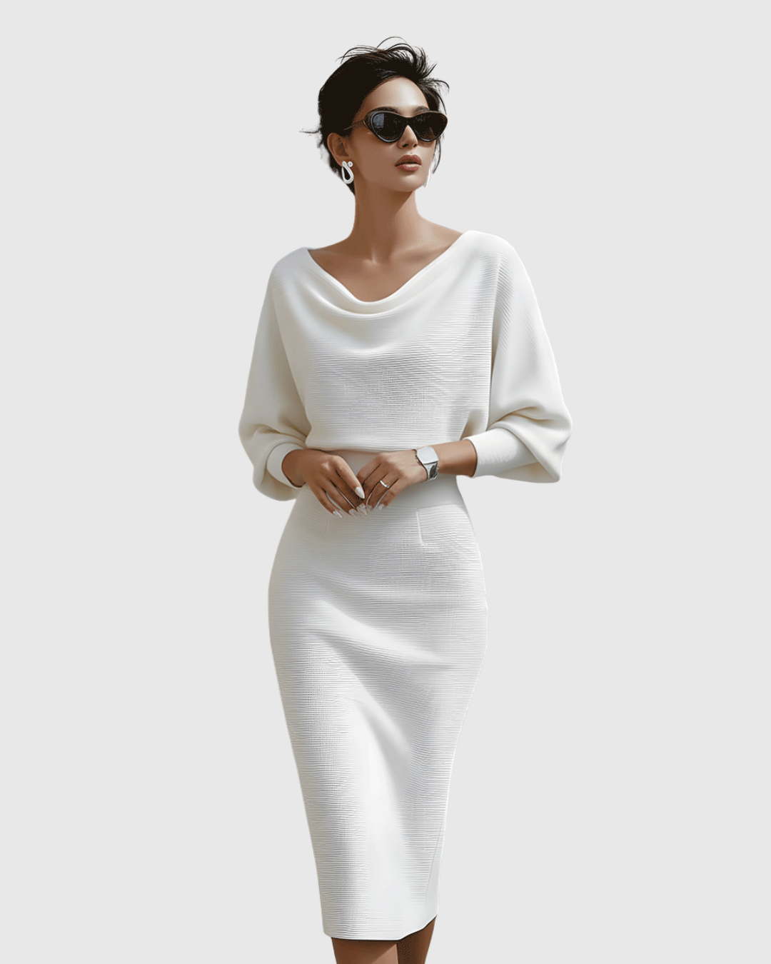Off Shoulder Long Sleeve Ribbed Knit Bodycon Midi Dress