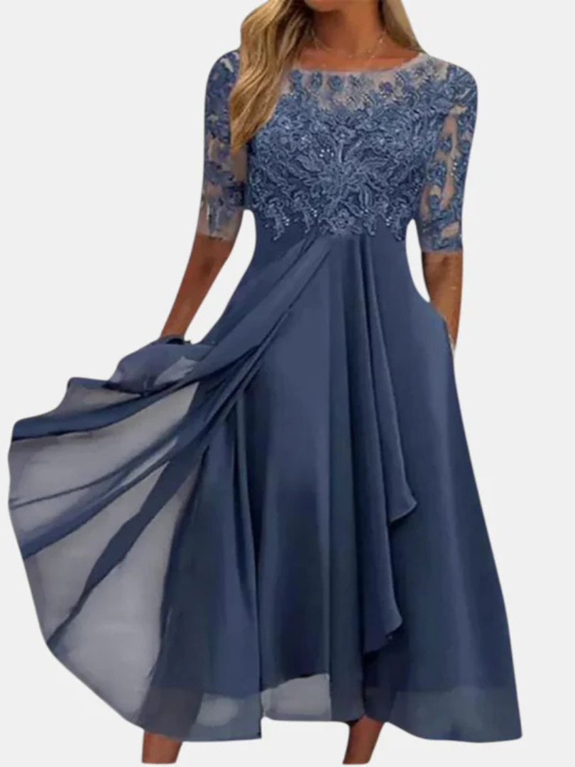 Lace Bodice Boat Neck Half Sleeve Chiffon Midi Dress
