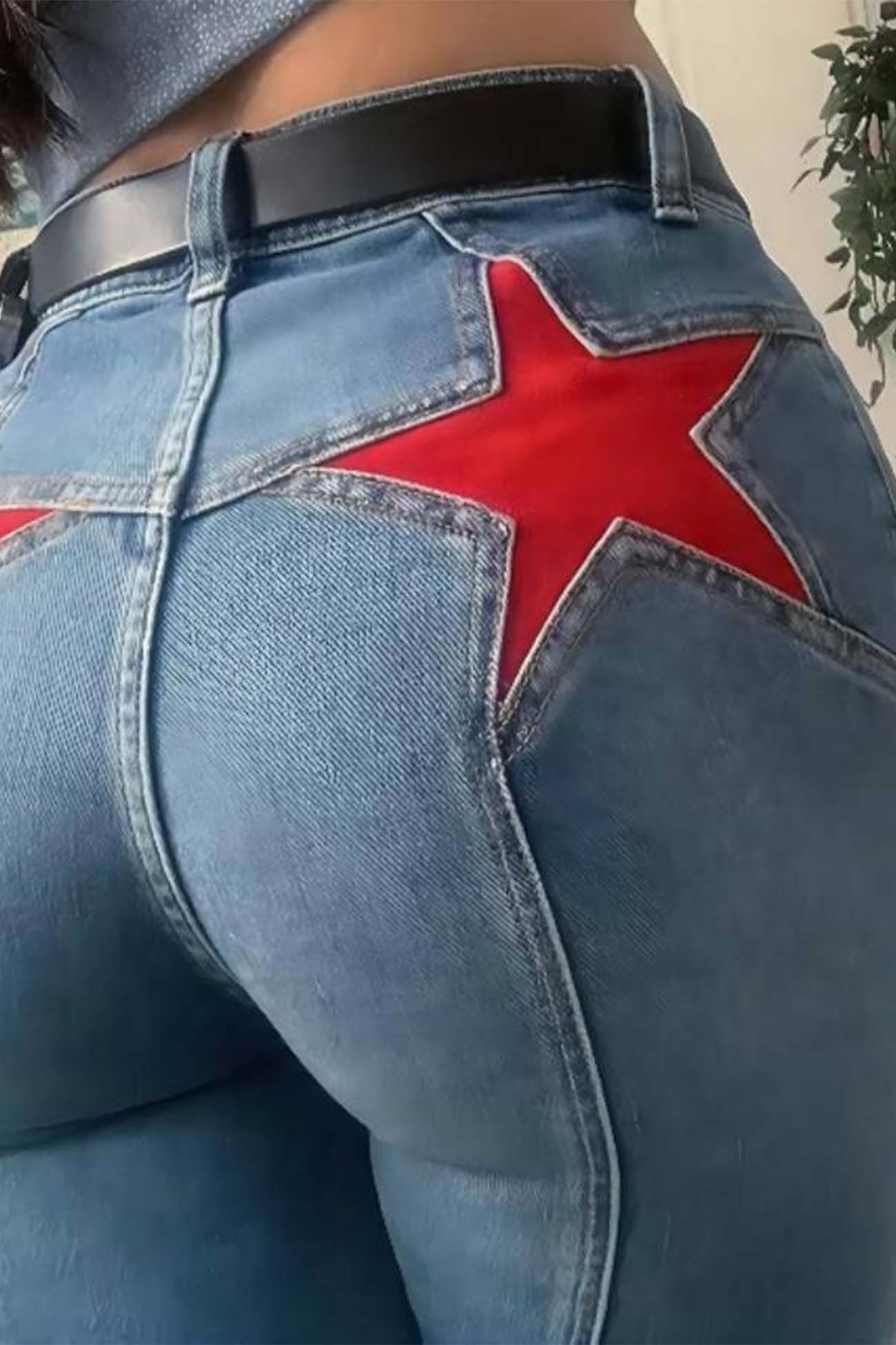 Five-Pointed Star Contrast Mid-rise Jeans