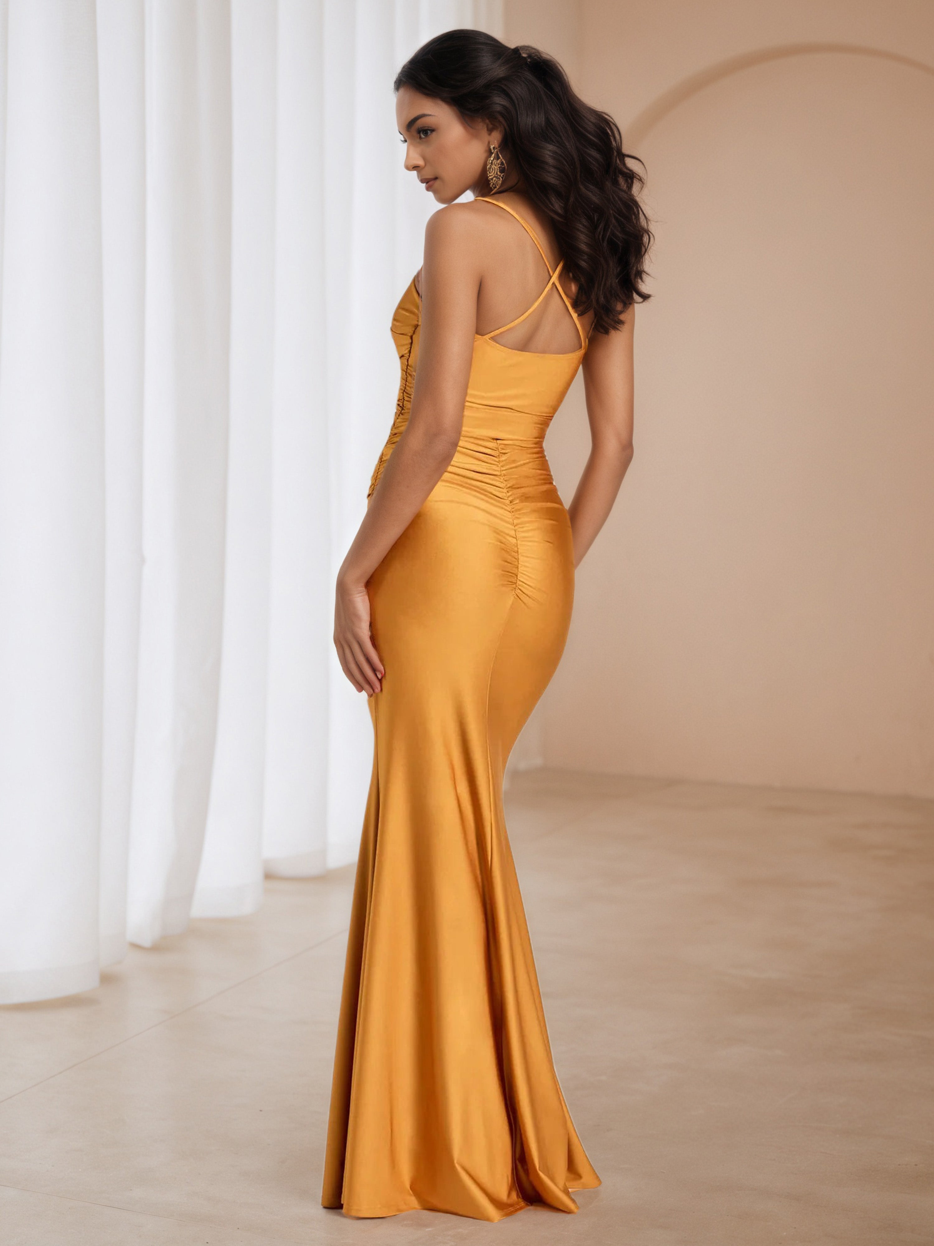 Tangerine Spaghetti Straps Pleats Formal Dresses